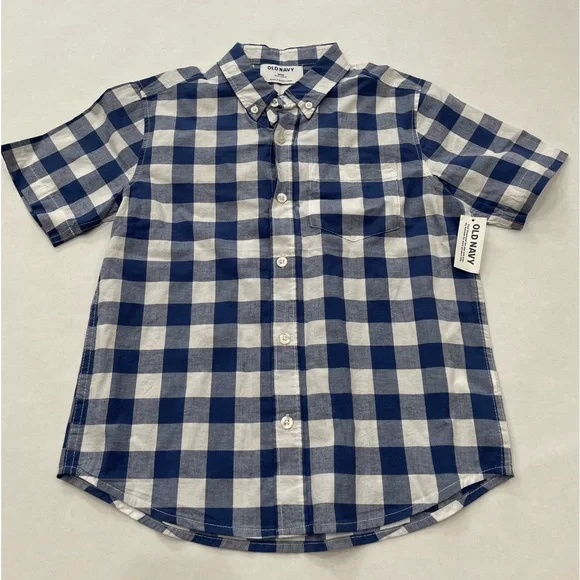 OLD NAVY NWT BOYS WHITE & BLUE FLANNEL BUTTON-DOWN SHIRT - Picture 1 of 4